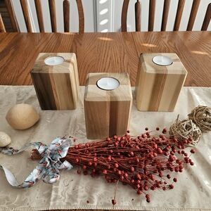 Wooden Candle Holder Set - Natural and Brown - Set of 3